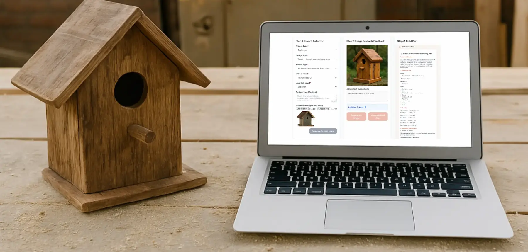 Draft Cut interface showing AI‑generated woodworking build plan steps