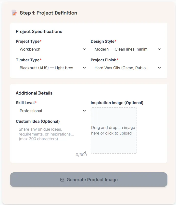 Draft Cut interface showing project upload and woodworking style checklist selection