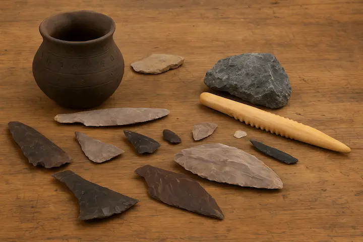 Essential hand tools — handsaw, chisel, and mallet used in traditional woodworking